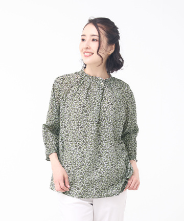 小花柄プリント 七分袖 ギャザーブラウス　【JAPAN FABRIC】