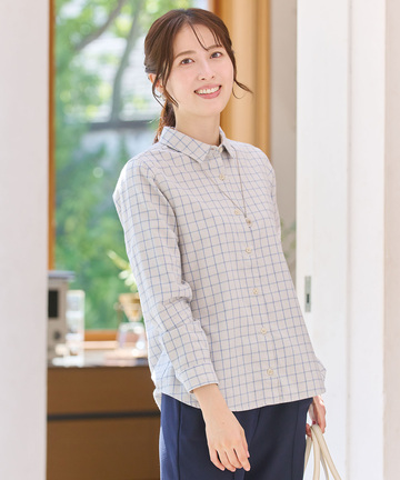 コットンブレンド チェック柄 ブラウス
