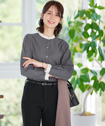 バンドカラー チェック柄 ブラウス