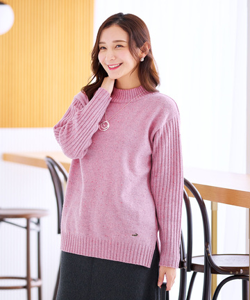 ウールブレンド ハイネック ネップ ニットチュニック【手洗いOK】【オンラインショップ限定】