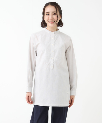 ストライプ切り替え バンドカラー チュニック【オンラインショップ・一部店舗限定】