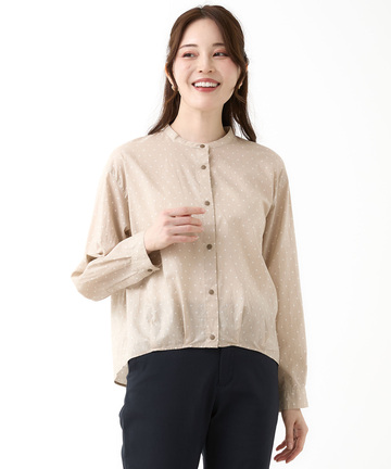 コットン バンドカラー ドット ブラウス