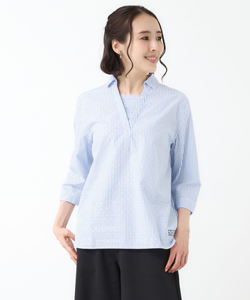 スノーコットン ストライプ スキッパー ブラウス【接触冷感】