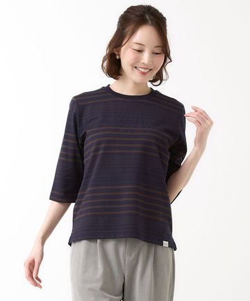 天竺 ボーダー6分袖 Tシャツ