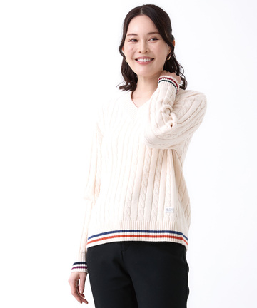 ウールブレンド  ケーブル  Vネック ニット