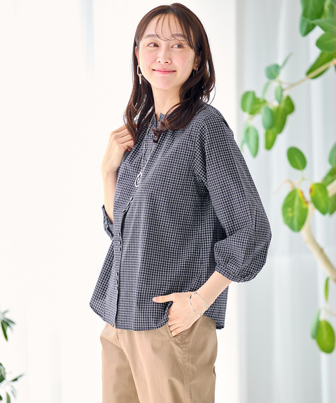スノーコットン ミニチェック ブラウス【接触冷感】