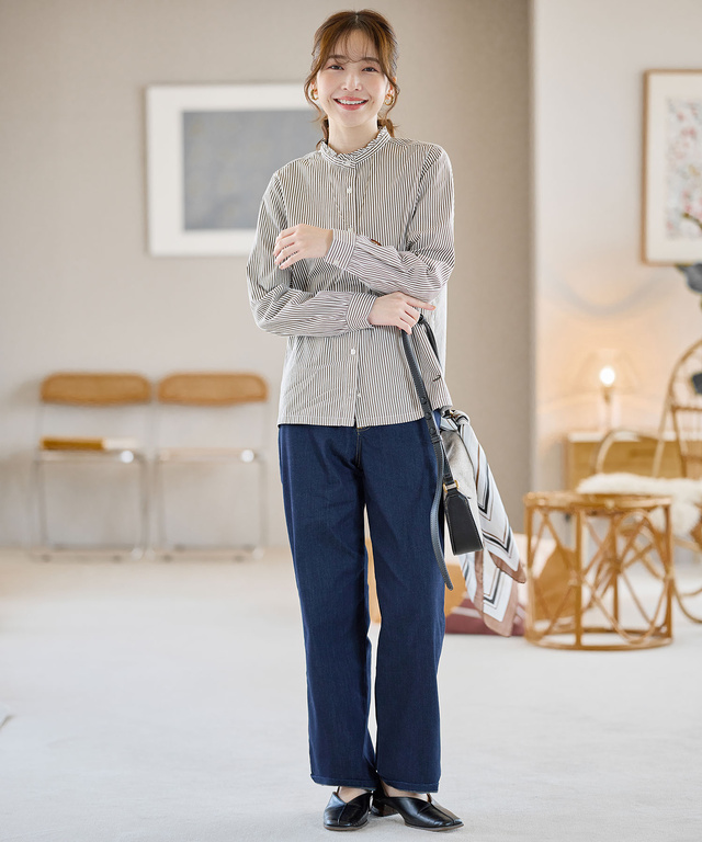 フリルカラー ストライプ ブラウス