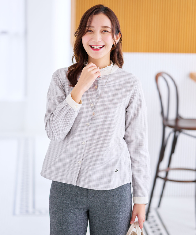 バンドカラー チェック柄 ブラウス