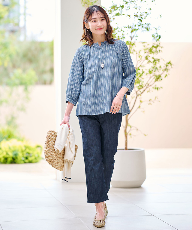 ジャカード スキッパー 七分袖ブラウス 