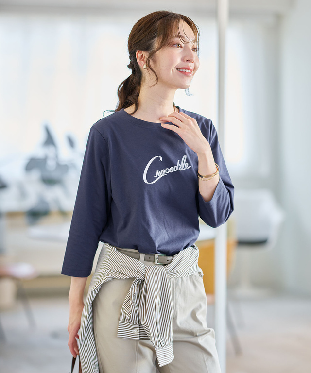 リボンロゴプリント 七分袖 Tシャツ