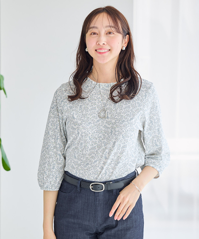 総柄プリント フリル襟 カットソー