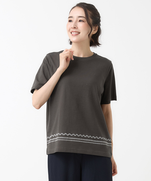 裾刺繍 スラブ天竺 Tシャツ