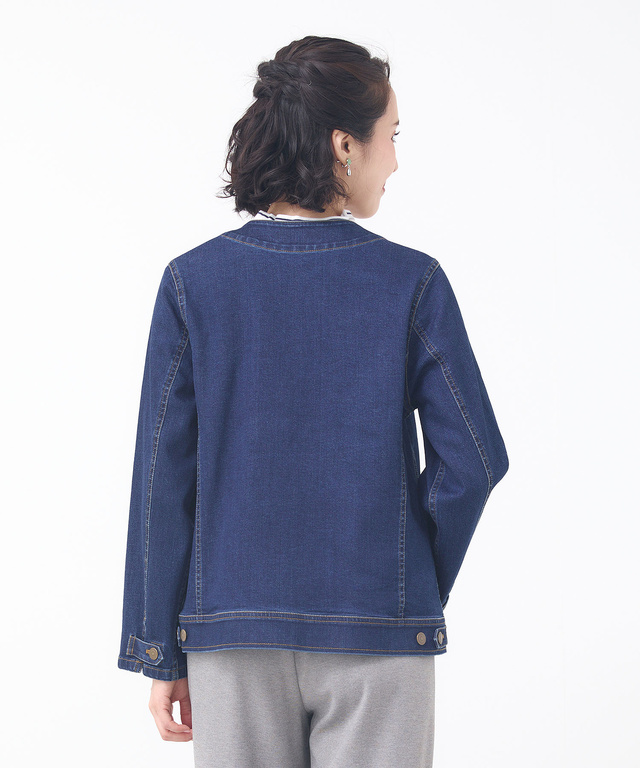 ノーカラー デニムジャケット