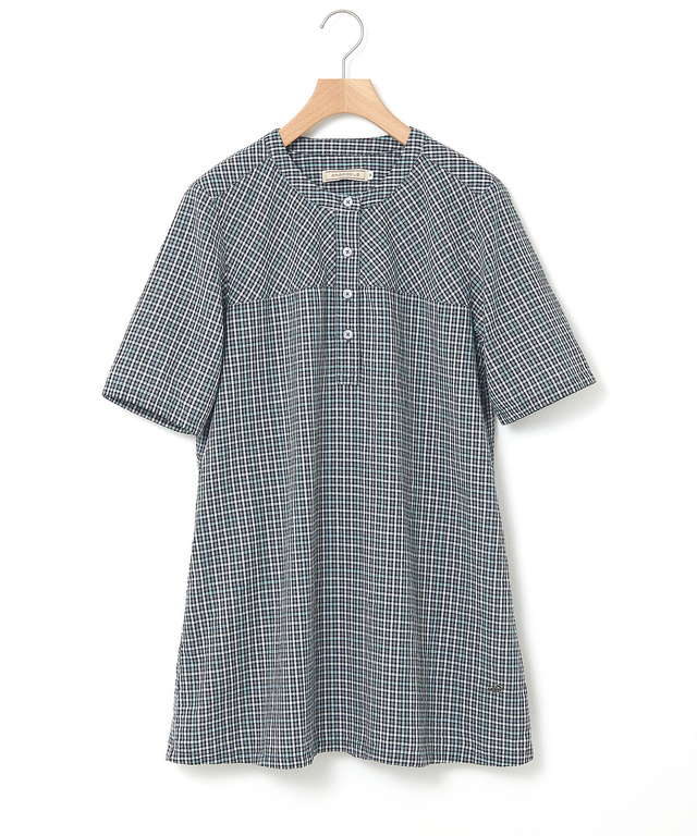 リネンブレンド バンドカラー チェック チュニック【オンラインショップ・一部店舗限定】