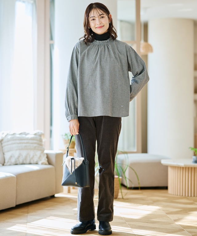 フロントギャザー 千鳥柄 ブラウス