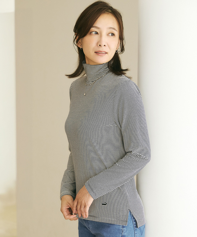 起毛 ストレッチ ハイネックカットソー