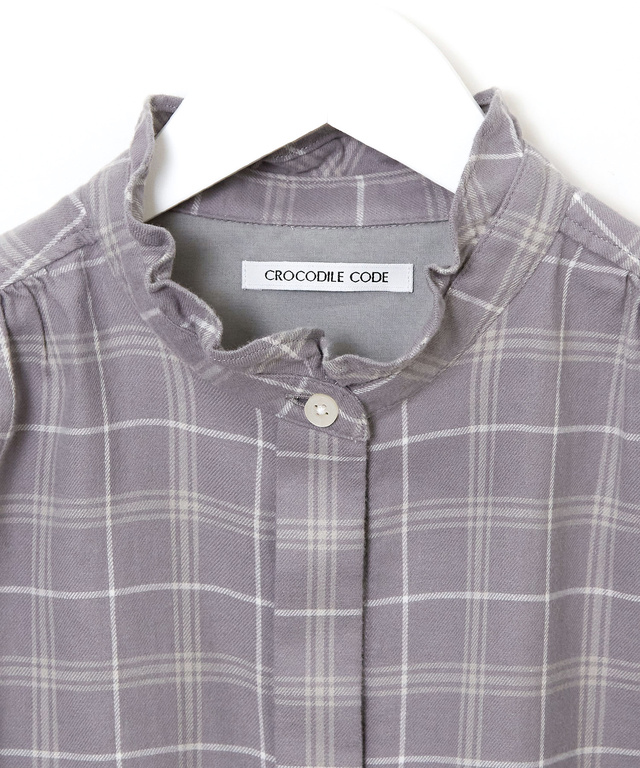 起毛 襟フリル チェックチュニック