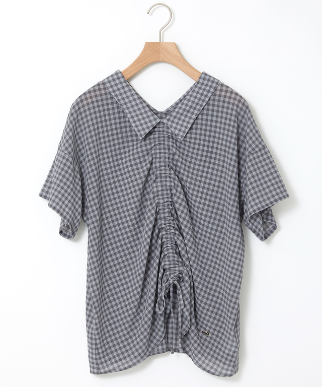 フロントギャザー チェック ブラウス