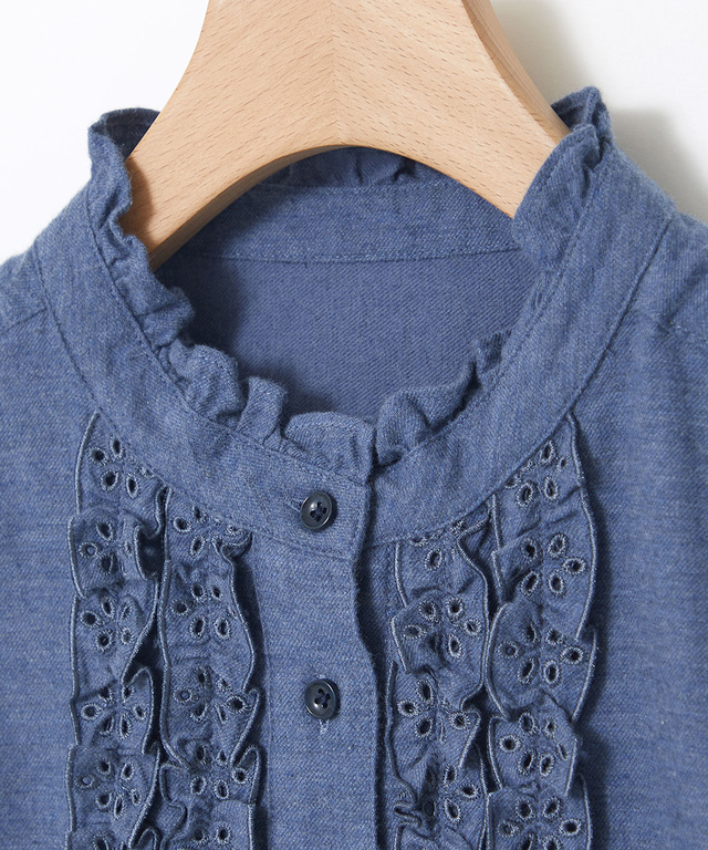 刺繍フリルデザイン 長袖 ブラウス