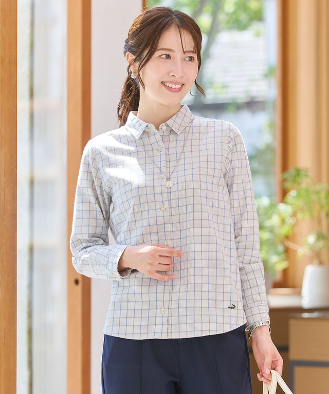コットンブレンド チェック柄 ブラウス