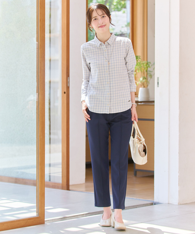 コットンブレンド チェック柄 ブラウス