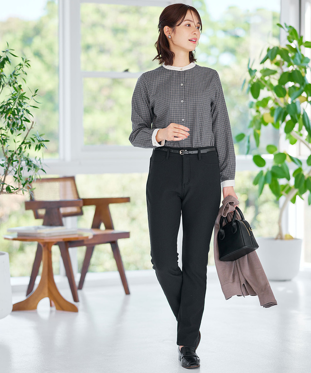 バンドカラー チェック柄 ブラウス