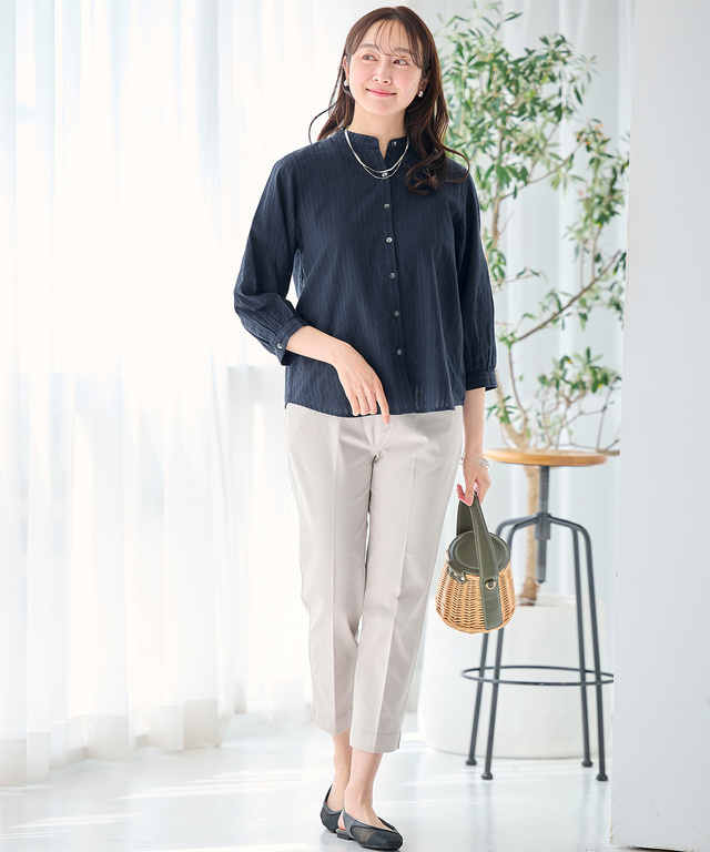 パナマストライプ バンドカラー ブラウス