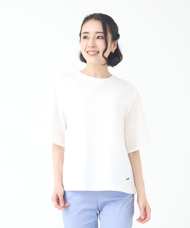 コットン 五分袖 刺繍 Tシャツ