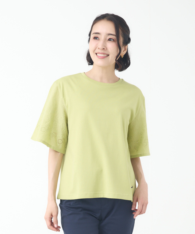 コットン 五分袖 刺繍 Tシャツ