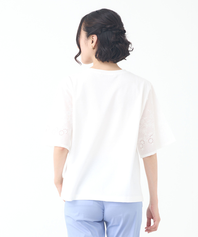 コットン 五分袖 刺繍 Tシャツ