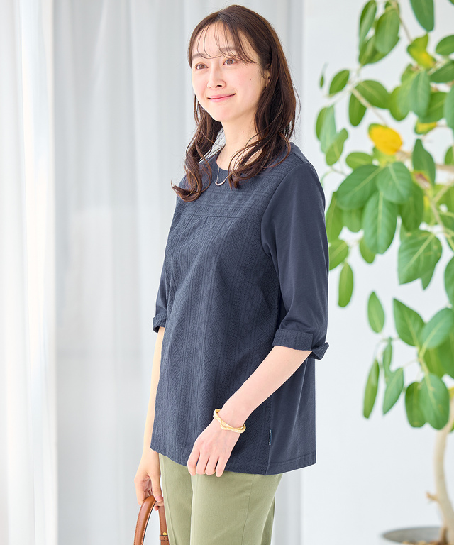 刺繍切り替え 七分袖 カットソー