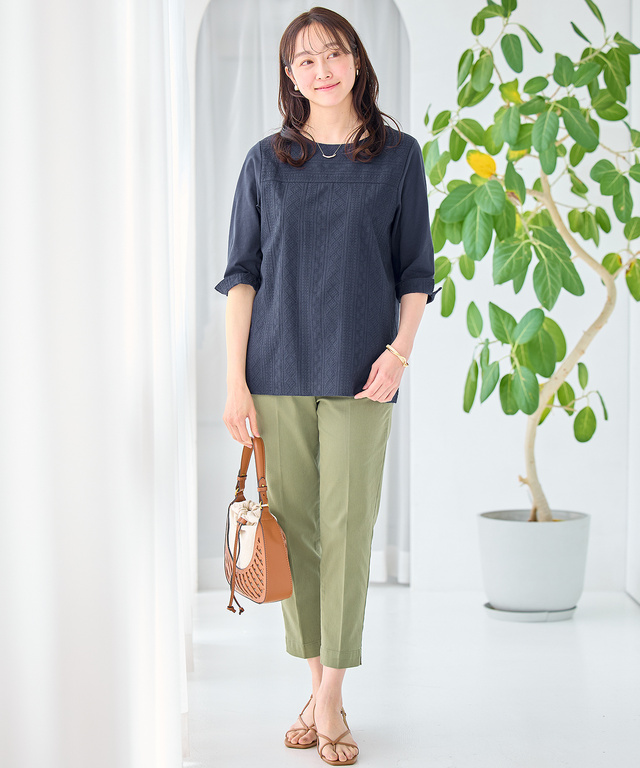 刺繍切り替え 七分袖 カットソー