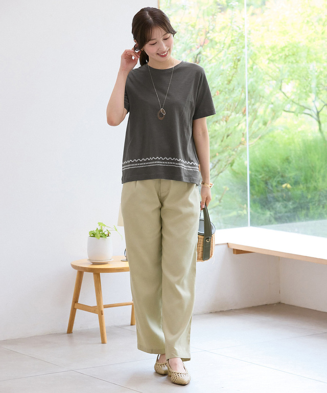 裾刺繍 スラブ天竺 Tシャツ