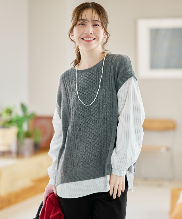 ウールブレンド ストライプ ドッキング ニット【手洗いOK】【オンラインショップ限定】