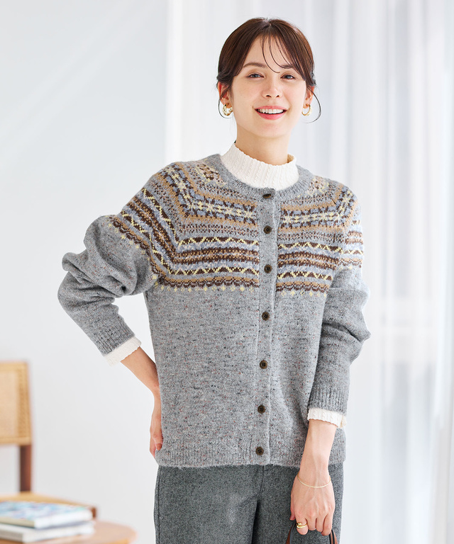 ウールブレンド フェアアイル柄 ニットカーディガン 【手洗いOK】