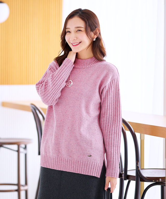 ウールブレンド ハイネック ネップ ニットチュニック【手洗いOK】【オンラインショップ限定】