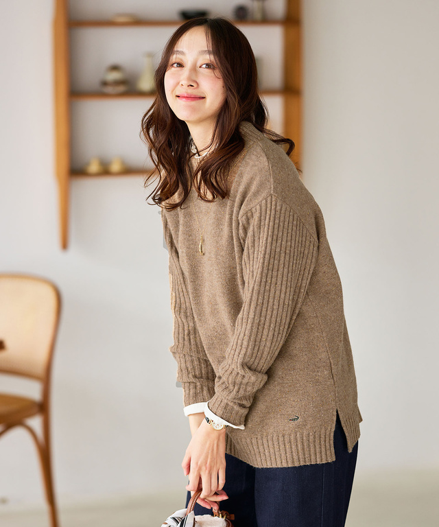 ウールブレンド ハイネック ネップ ニットチュニック【手洗いOK】【オンラインショップ限定】