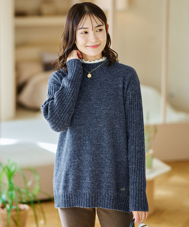 ウールブレンド ハイネック ネップ ニットチュニック【手洗いOK】【オンラインショップ限定】