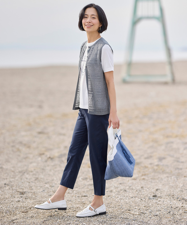 リネンブレンド クロップド スリムパンツ