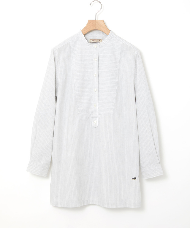 ストライプ切り替え バンドカラー チュニック【オンラインショップ・一部店舗限定】