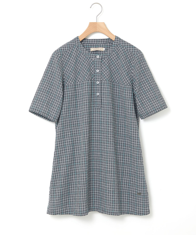 リネンブレンド バンドカラー チェック チュニック【オンラインショップ・一部店舗限定】