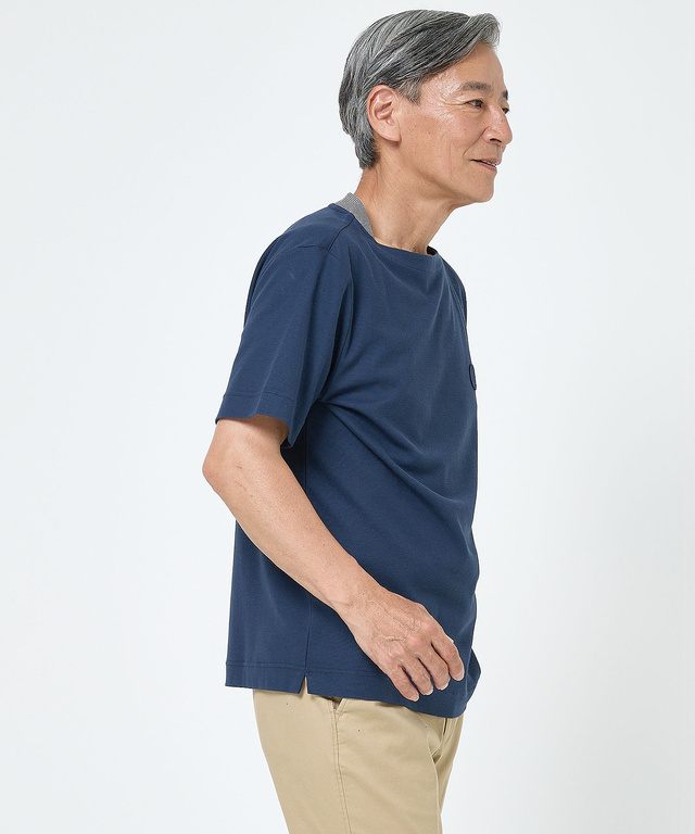 変形ネック ボーダーリブ Tシャツ