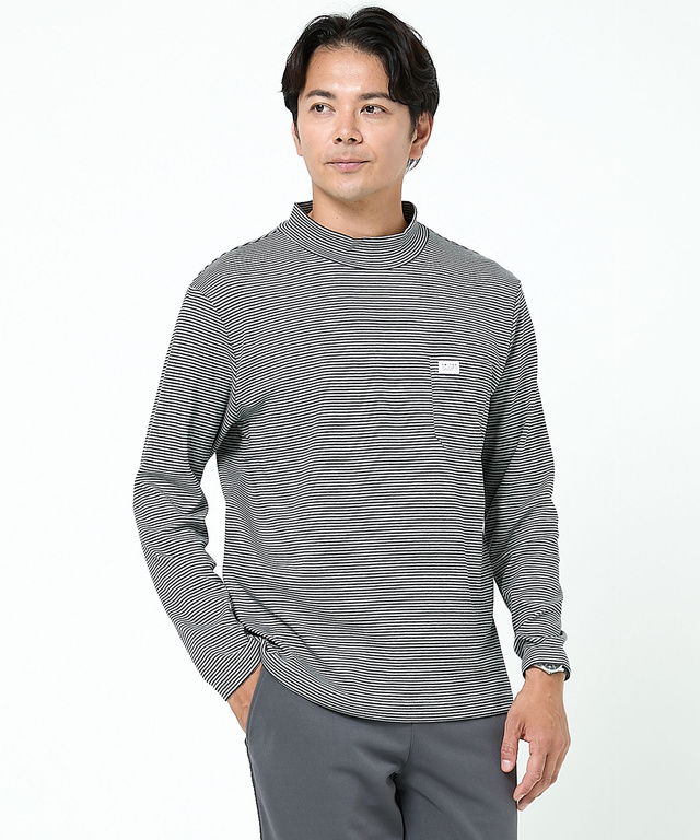 スムース ボーダー柄 ハイネック カットソー