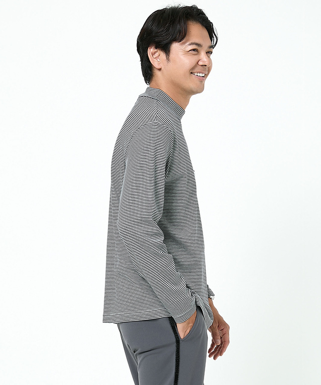 スムース ボーダー柄 ハイネック カットソー