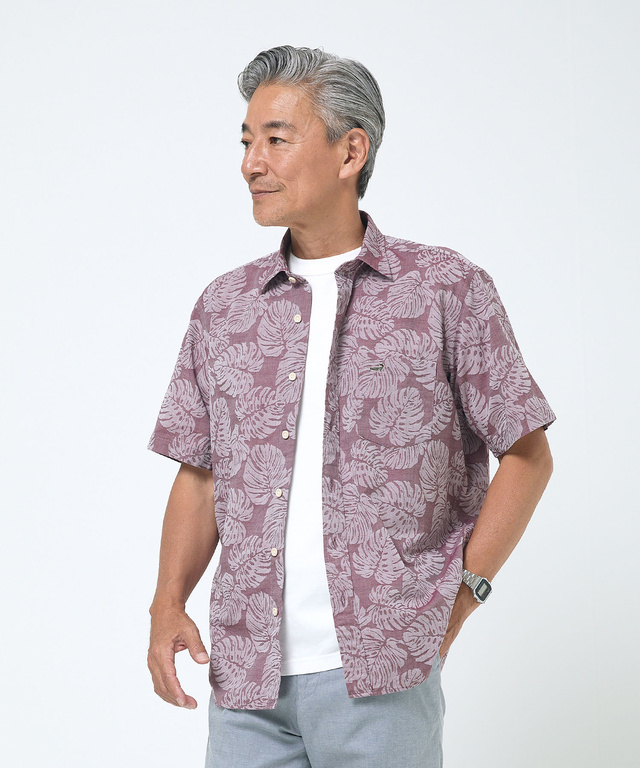 ジャカード リーフ柄 シャツ 【吸汗速乾】【シワになりにくい】