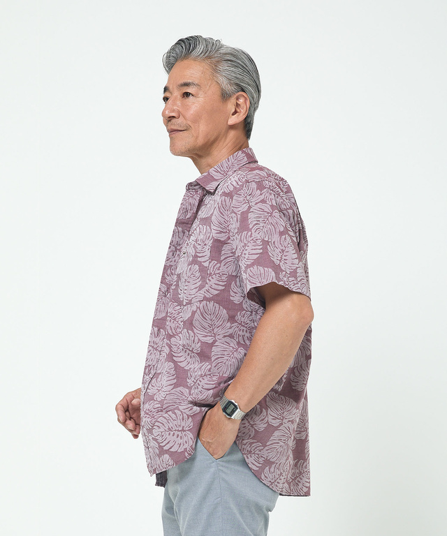 ジャカード リーフ柄 シャツ 【吸汗速乾】【シワになりにくい】