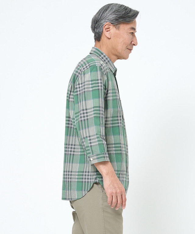 スノーコットン サッカーチェック 七分袖 シャツ 【接触冷感】