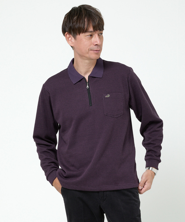 千鳥柄 ハーフジップ ポロシャツ