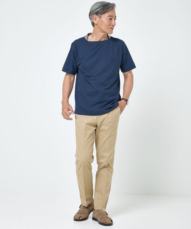 変形ネック ボーダーリブ Tシャツ