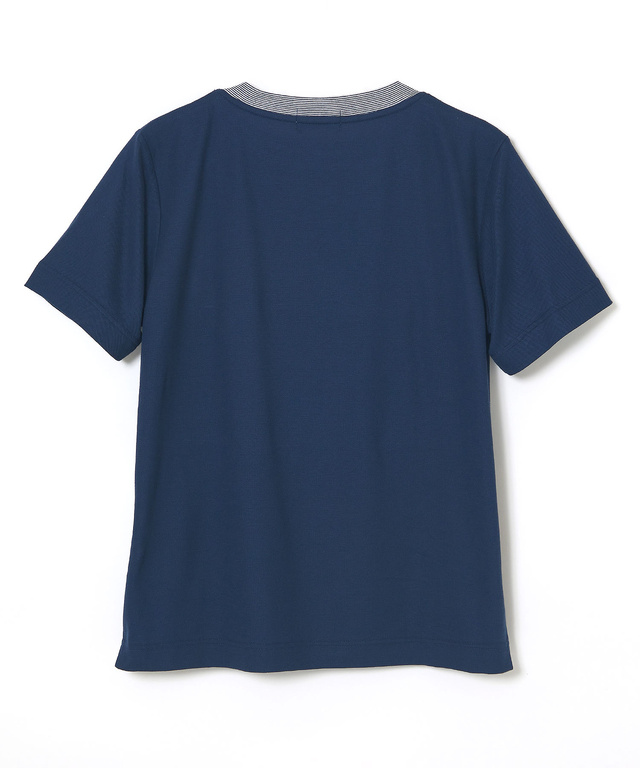 変形ネック ボーダーリブ Tシャツ